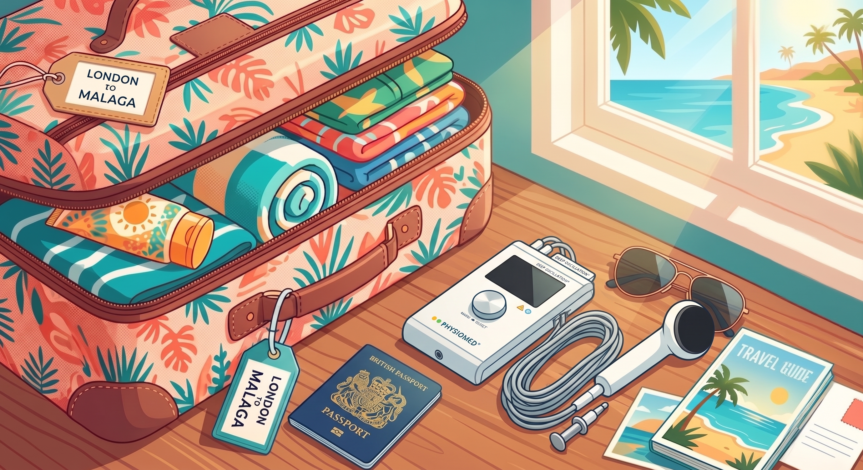 A sunlit vector illustration of an open, vintage-style suitcase with a tropical leaf pattern, sitting on a wooden table. The suitcase is partially packed with rolled towels, clothes, and sunscreen. Luggage tags on the suitcase read "LONDON to MALAGA". On the table alongside the suitcase are aviator sunglasses, a British passport, a travel guide booklet, postcards, and a handheld medical device labelled "PHYSIOMED Deep Oscillation Personal" with its coiled cord and applicator. Bright sunlight streams through a window, revealing a view of a tropical beach with turquoise water and palm trees outside.
